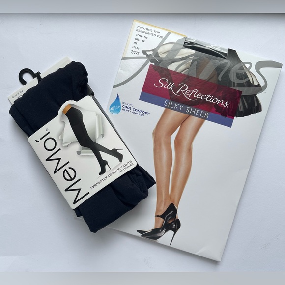 HANES Silk Reflections Sheer Black Hose and MEMOI Navy Tights Sz S/M Fall Winter - Picture 1 of 4